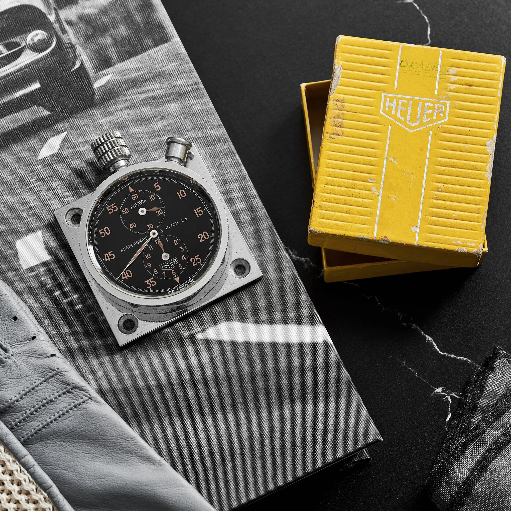 1950s Heuer Autavia Dashboard Stopwatch Retailed By Abercrombie & Fitch Co. With Box