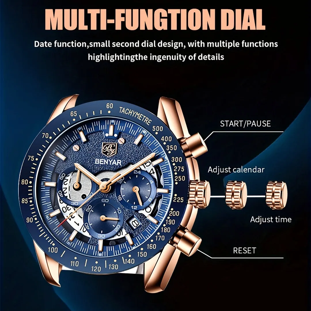 1pc BY BENYAR Watch For Men Chronograph Men's Watch Analog Quartz Movement Stylish Sports Designer Wrist Watch 30M Waterproof Elegant Father's Day Gift