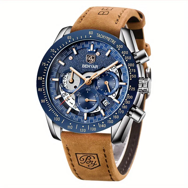 1pc BY BENYAR Watch For Men Chronograph Men's Watch Analog Quartz Movement Stylish Sports Designer Wrist Watch 30M Waterproof Elegant Father's Day Gift