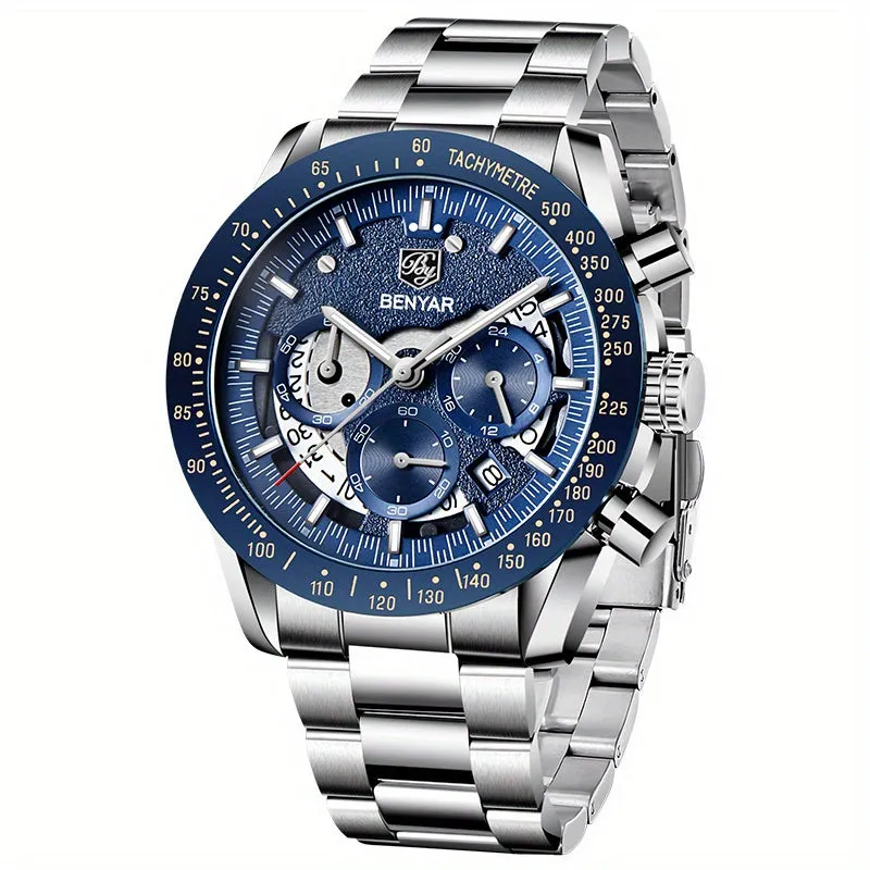 1pc BY BENYAR Watch For Men Chronograph Men's Watch Analog Quartz Movement Stylish Sports Designer Wrist Watch 30M Waterproof Elegant Father's Day Gift