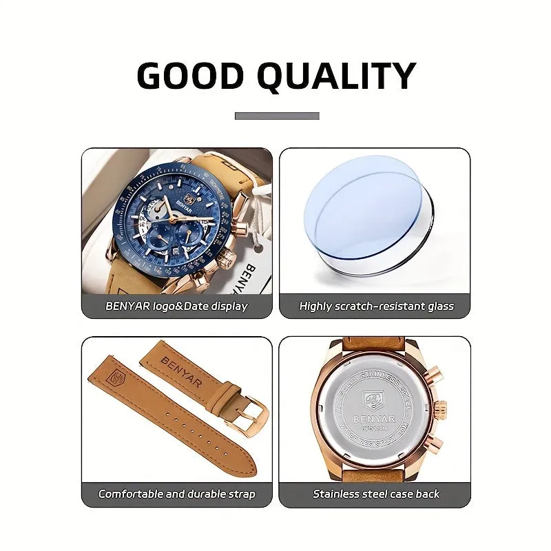 1pc BY BENYAR Watch For Men Chronograph Men's Watch Analog Quartz Movement Stylish Sports Designer Wrist Watch 30M Waterproof Elegant Father's Day Gift