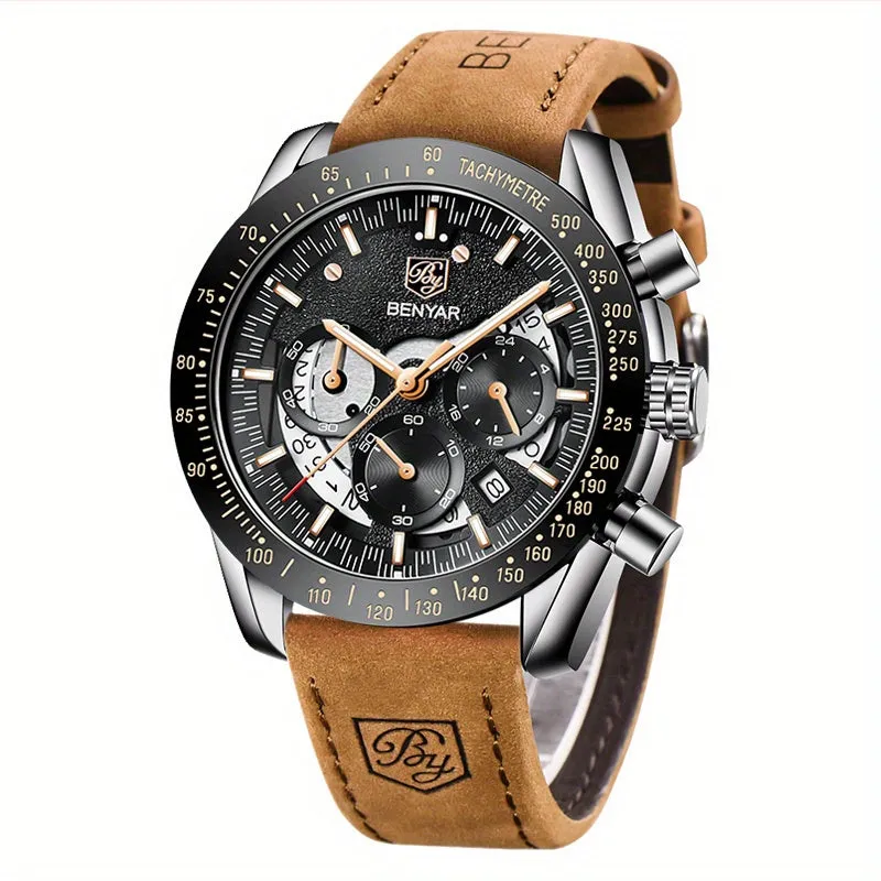 1pc BY BENYAR Watch For Men Chronograph Men's Watch Analog Quartz Movement Stylish Sports Designer Wrist Watch 30M Waterproof Elegant Father's Day Gift