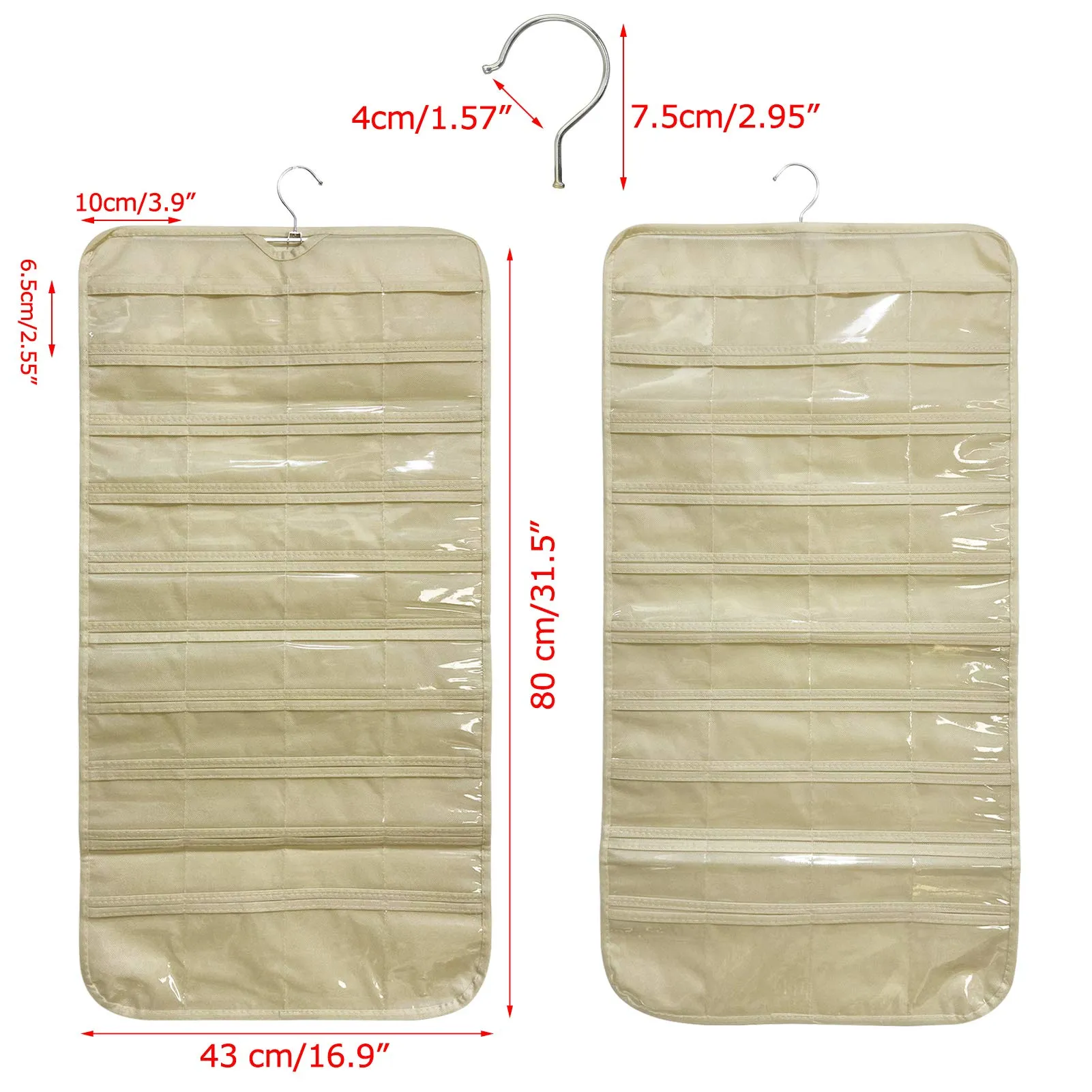 2 Pack Hanging Jewelry Organizer with 80 Pockets ,Double Sided Closet Earring Storage for Necklace Bracelet with Hanger,Beige