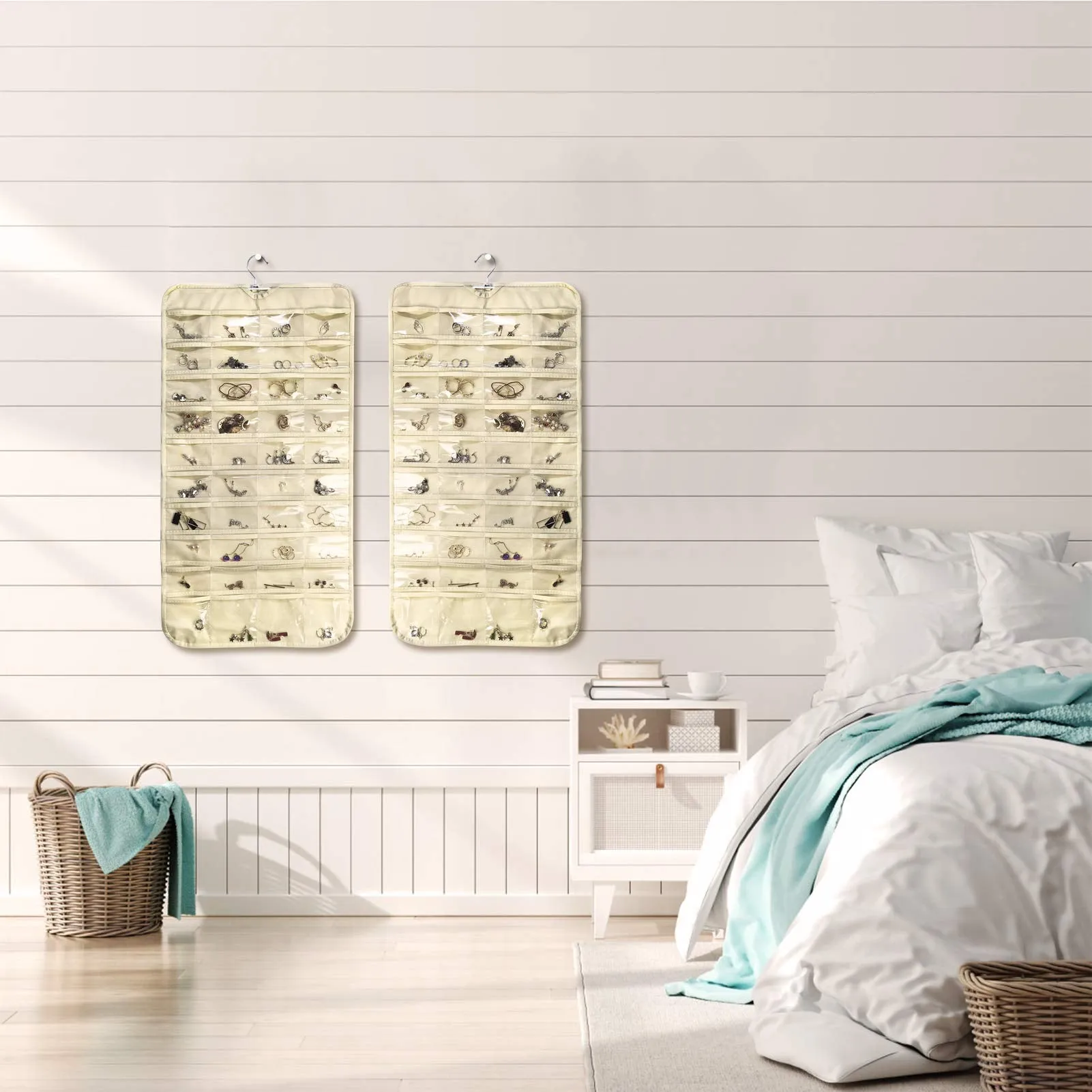 2 Pack Hanging Jewelry Organizer with 80 Pockets ,Double Sided Closet Earring Storage for Necklace Bracelet with Hanger,Beige