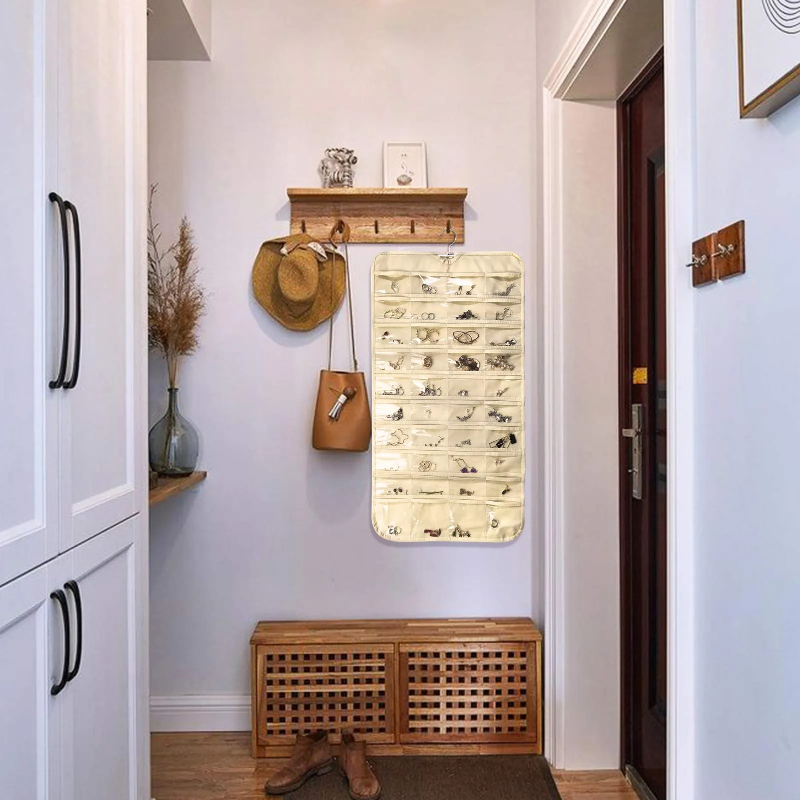 2 Pack Hanging Jewelry Organizer with 80 Pockets ,Double Sided Closet Earring Storage for Necklace Bracelet with Hanger,Beige