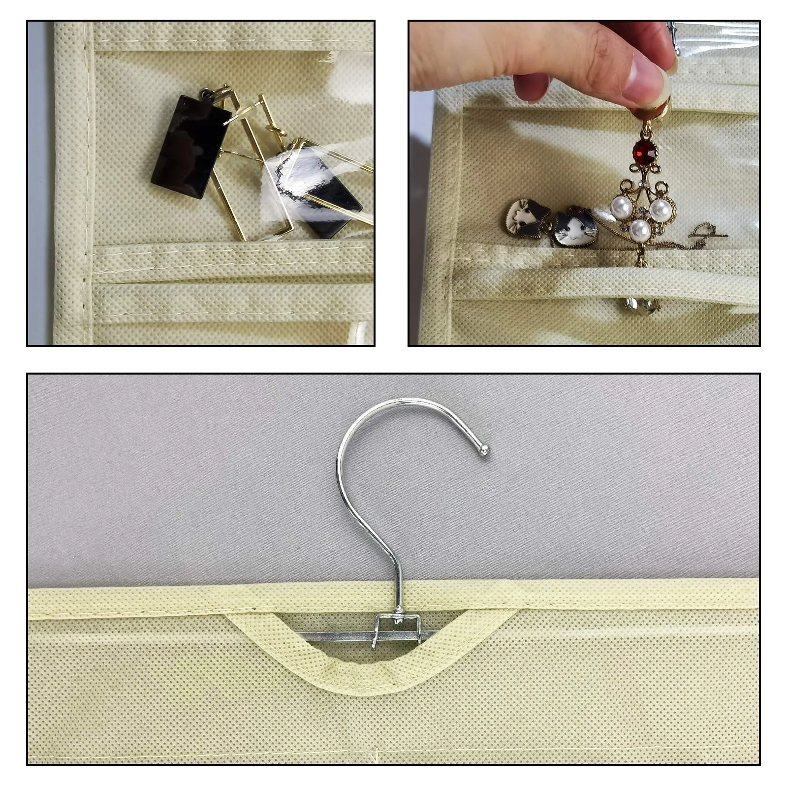 2 Pack Hanging Jewelry Organizer with 80 Pockets ,Double Sided Closet Earring Storage for Necklace Bracelet with Hanger,Beige