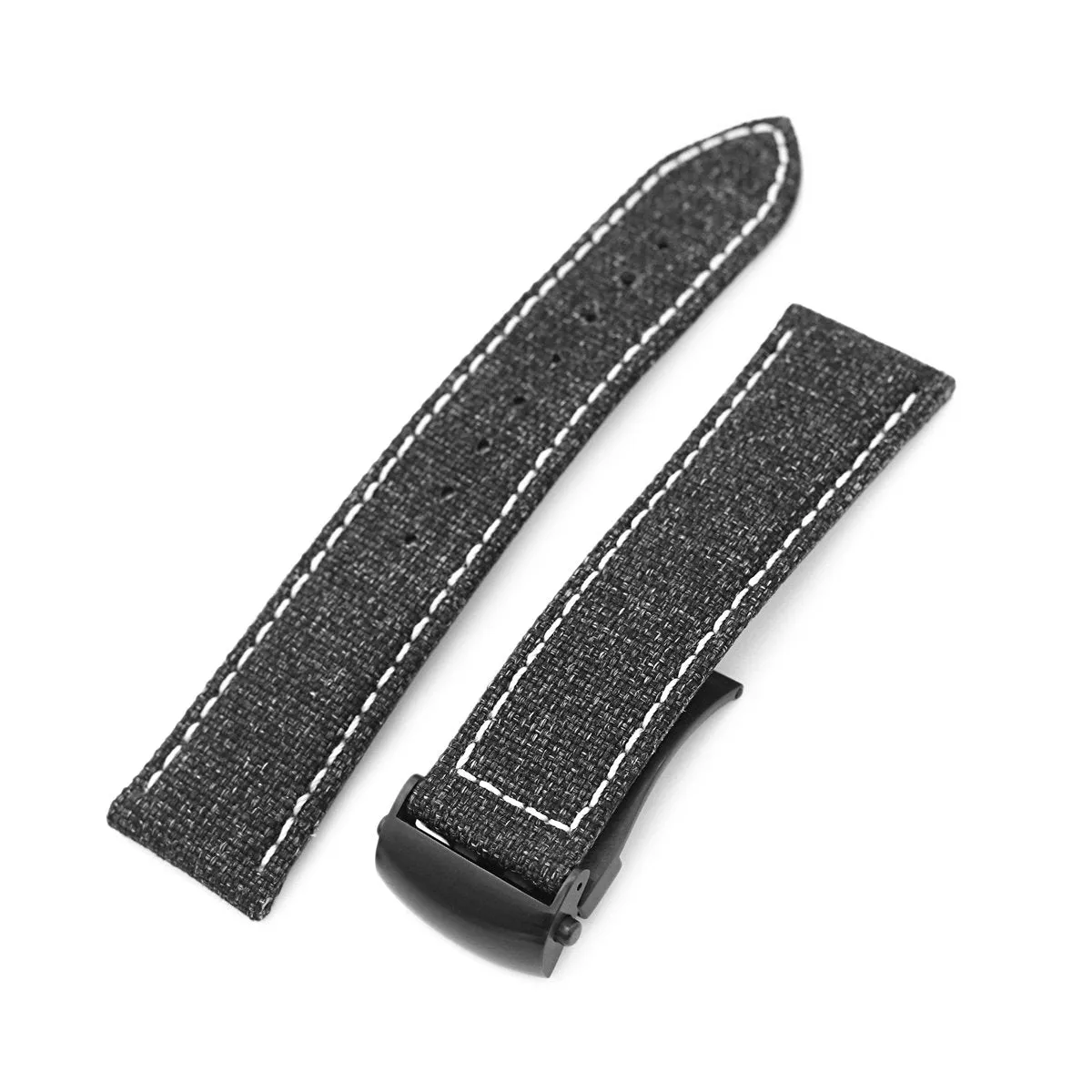 20mm or 22mm Black Canvas Watch Band PVD Black Roller Deployant Buckle, Beige Stitching