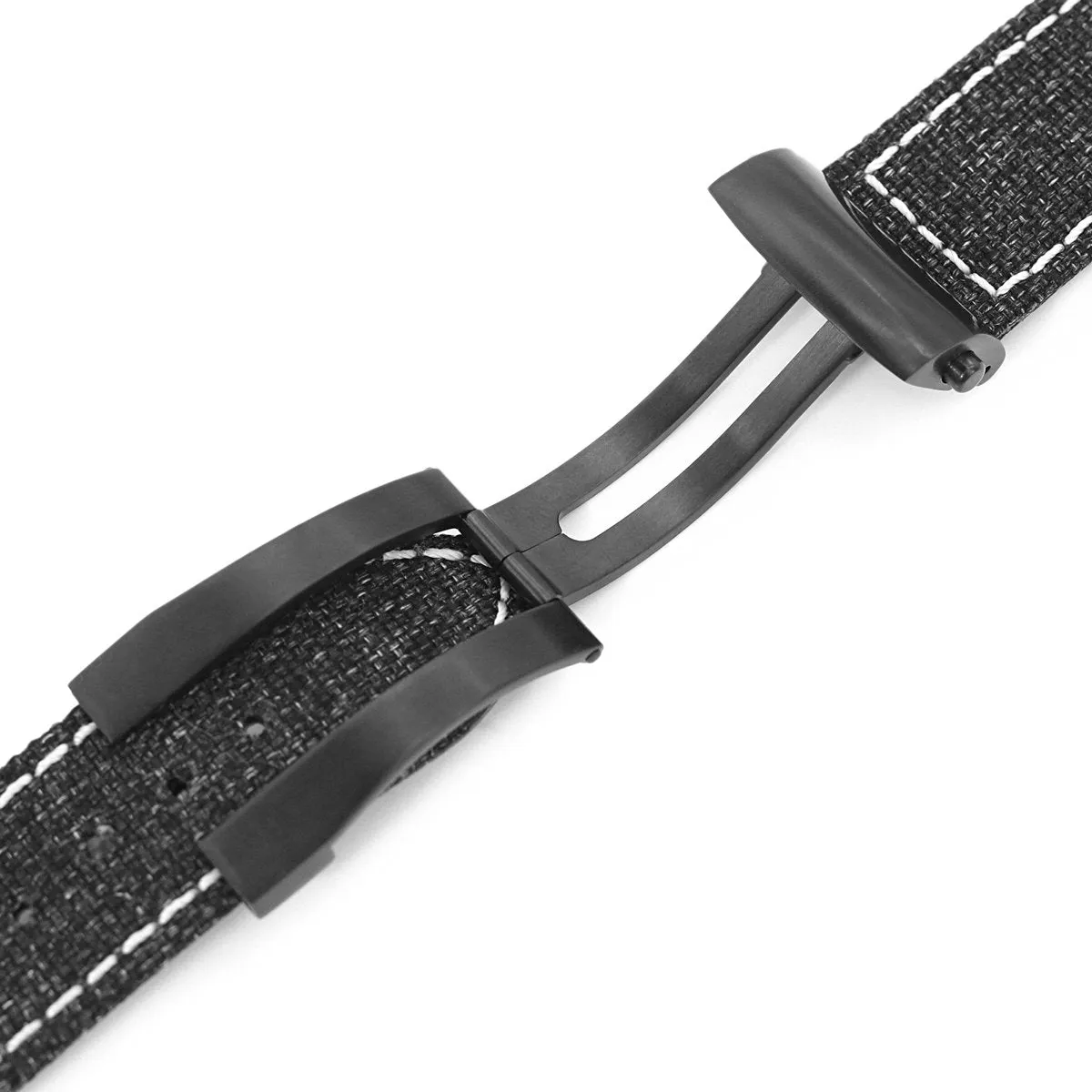 20mm or 22mm Black Canvas Watch Band PVD Black Roller Deployant Buckle, Beige Stitching