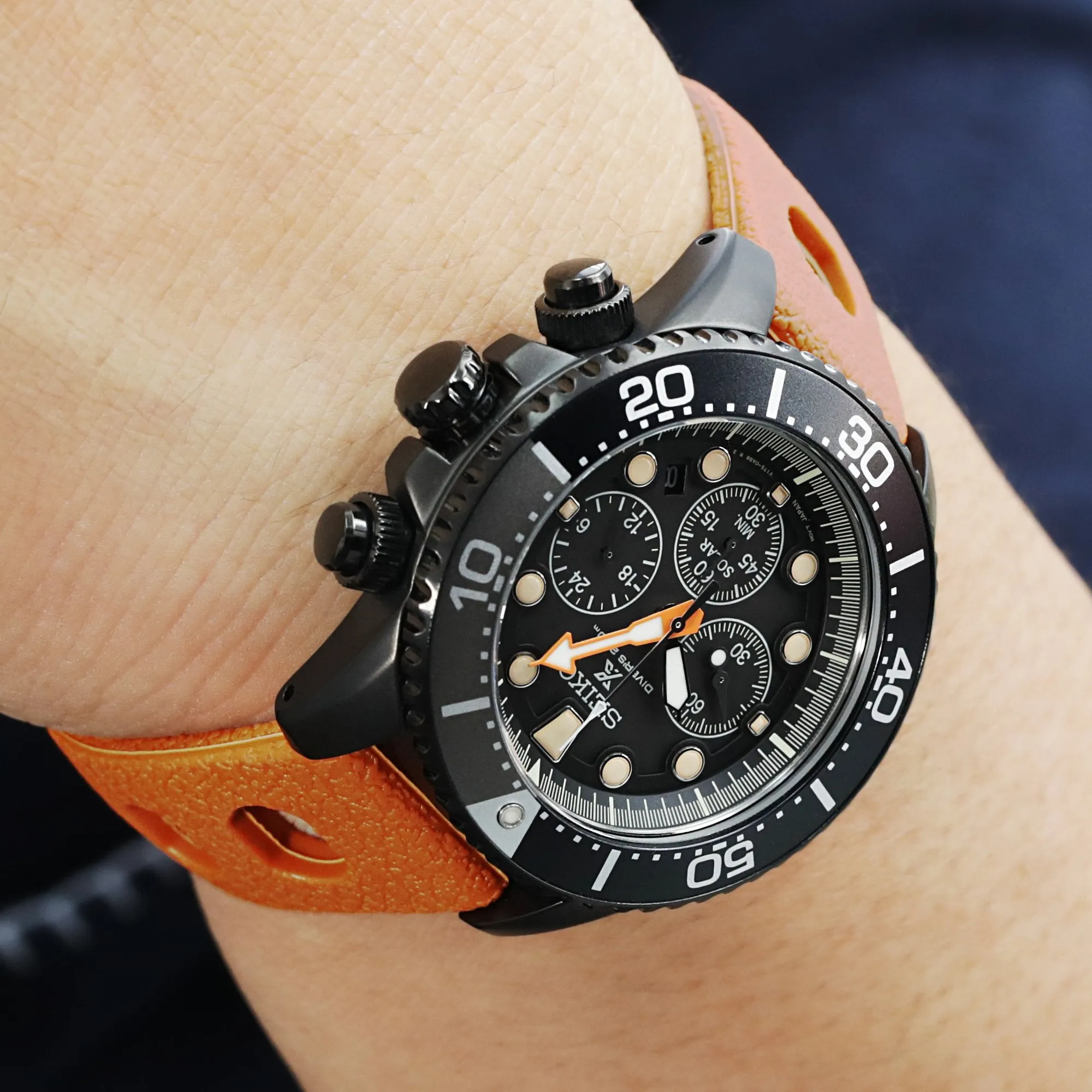 20mm Orange Retro Large Holes Rally Tapered Rubber watch band