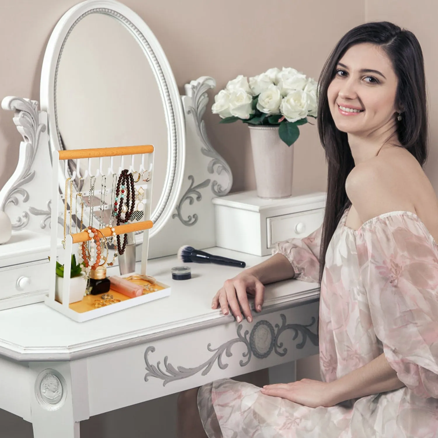 4-Tier Tabletop Wooden Jewelry Display Stand