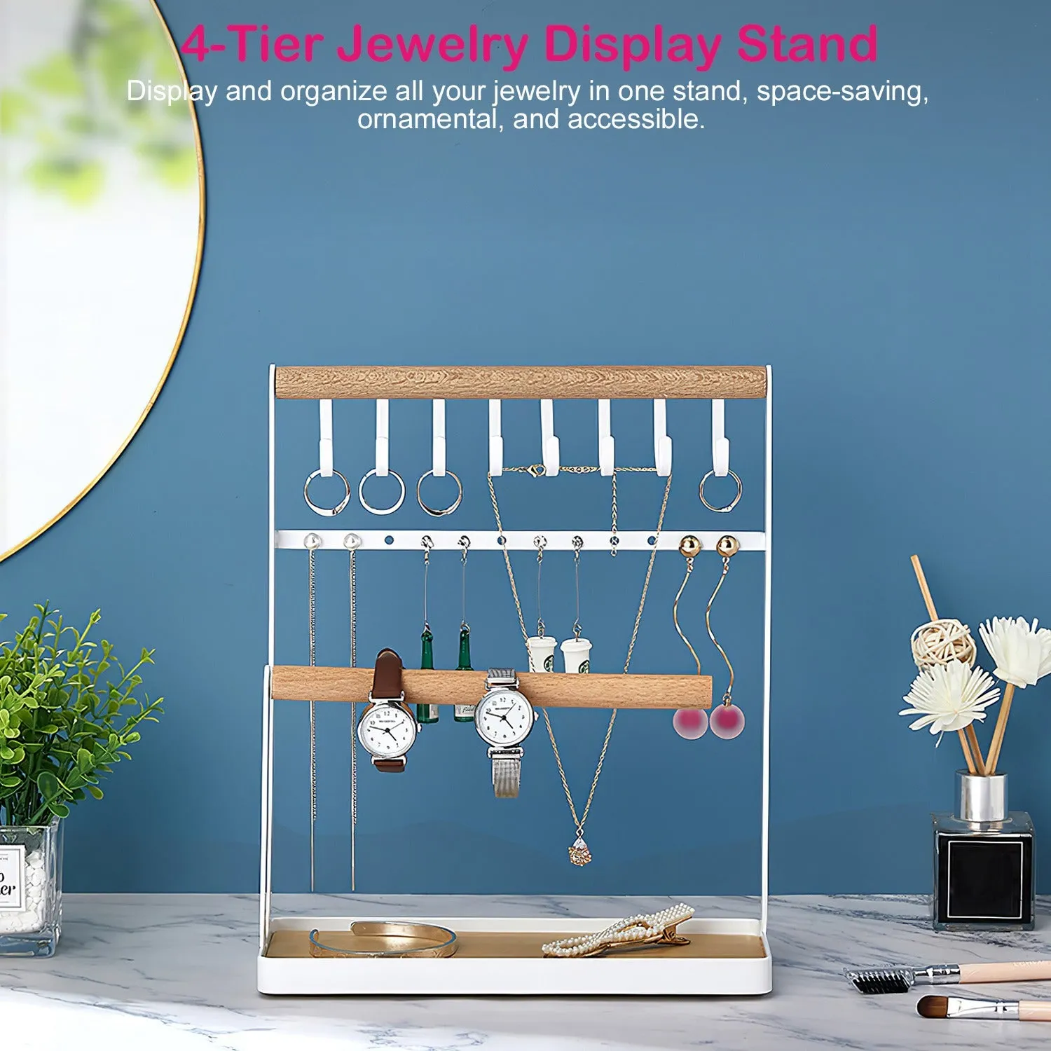 4-Tier Tabletop Wooden Jewelry Display Stand