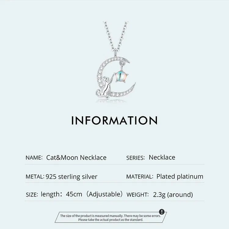 925 Sterling Silver Cat Moon Cute Animal Pendant Necklaces Women Silver Jewelry Gift