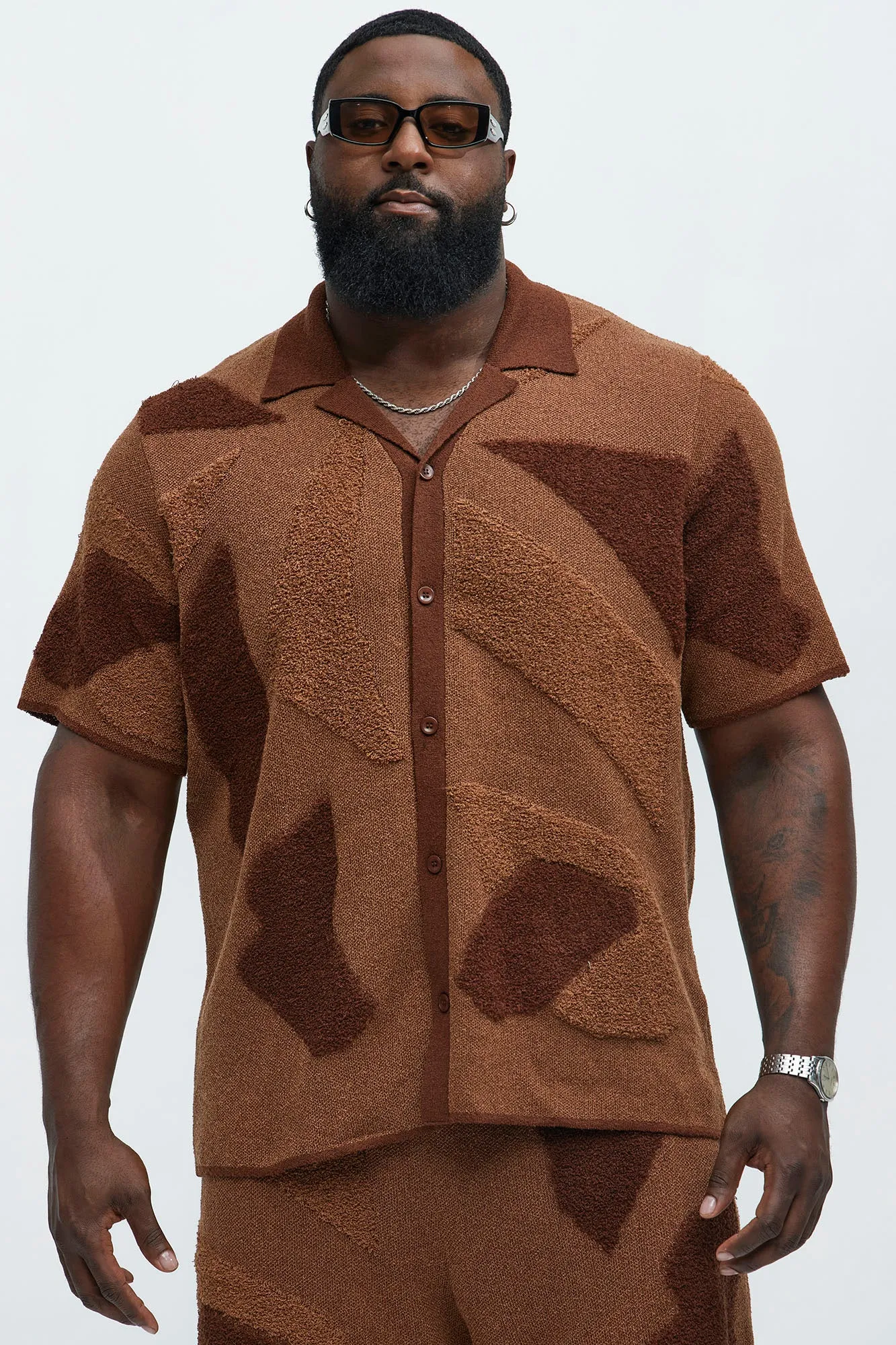 Auron Cuban Collar Knitted Shirt - Brown/combo