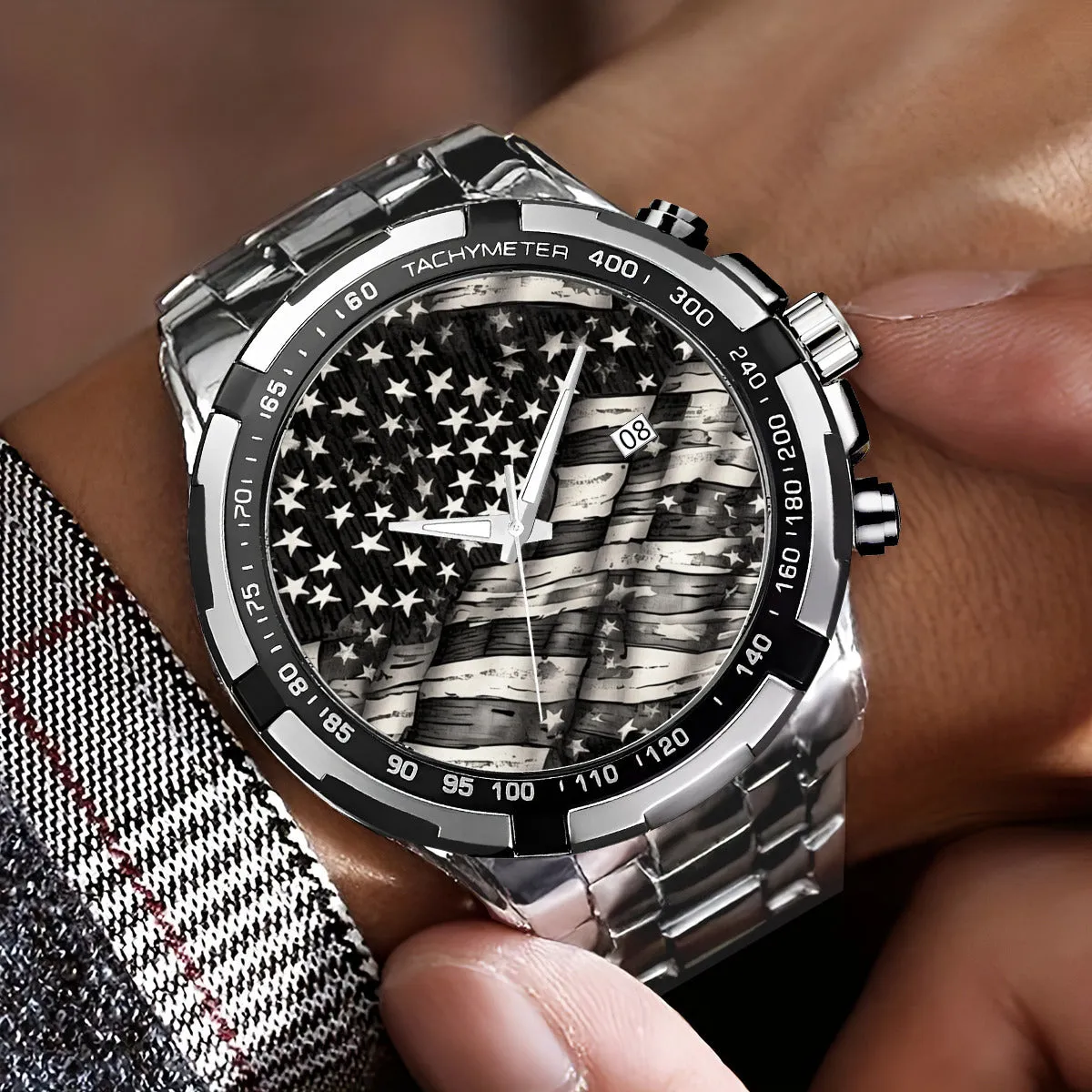 Battered American Flag Silver Watch