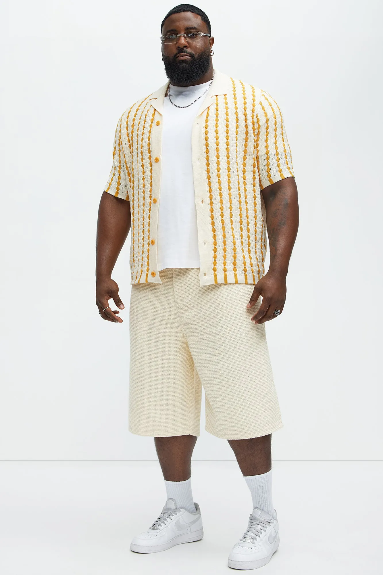Benny Short Sleeve Crochet Cuban Shirt - Mustard