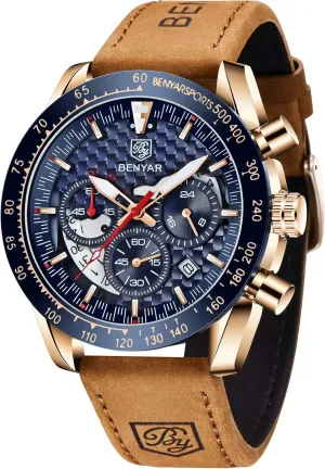 BENYAR Men's Quartz Chronograph Waterproof Leather Watches Business Casual Sport Design Wrist Watch for Men Perfect for Father Son Black Blue Rose Gold