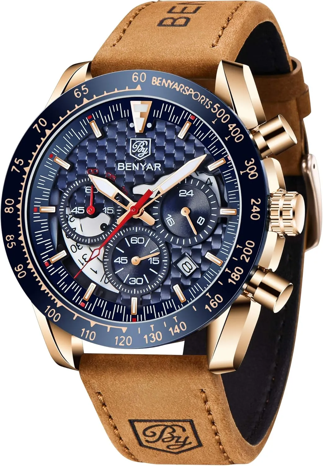 BENYAR Men's Quartz Chronograph Waterproof Leather Watches Business Casual Sport Design Wrist Watch for Men Perfect for Father Son Black Blue Rose Gold