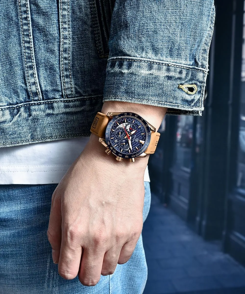 BENYAR Men's Quartz Chronograph Waterproof Leather Watches Business Casual Sport Design Wrist Watch for Men Perfect for Father Son Black Blue Rose Gold