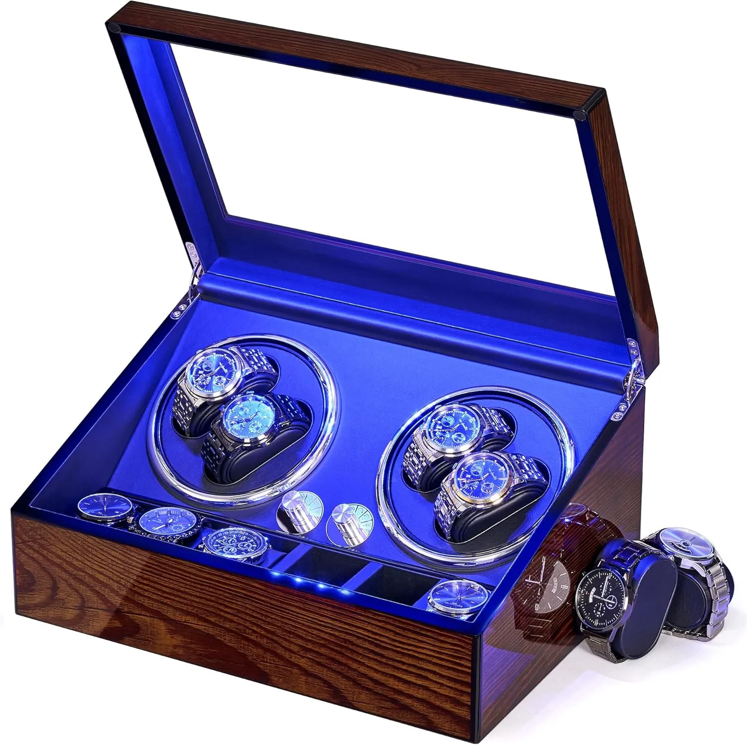 BEWISHOME Watch Winders for Automatic Watches, Automatic Watch Winder Box Watch Spinner with LED Light, 4 Watch Winder with Quiet Running Motor and 6 Storage Case for Man/Woman's Watches, Brown SYQ01Y