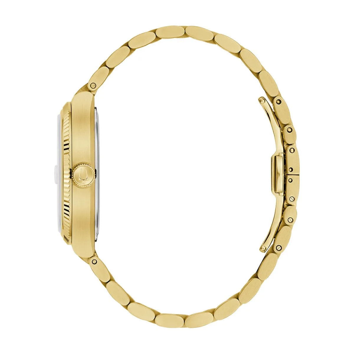 Bulova Super Seville with 38MM Silver-White Cushion Shaped Dial and Goldtone Stainless Steel Band. 97B223