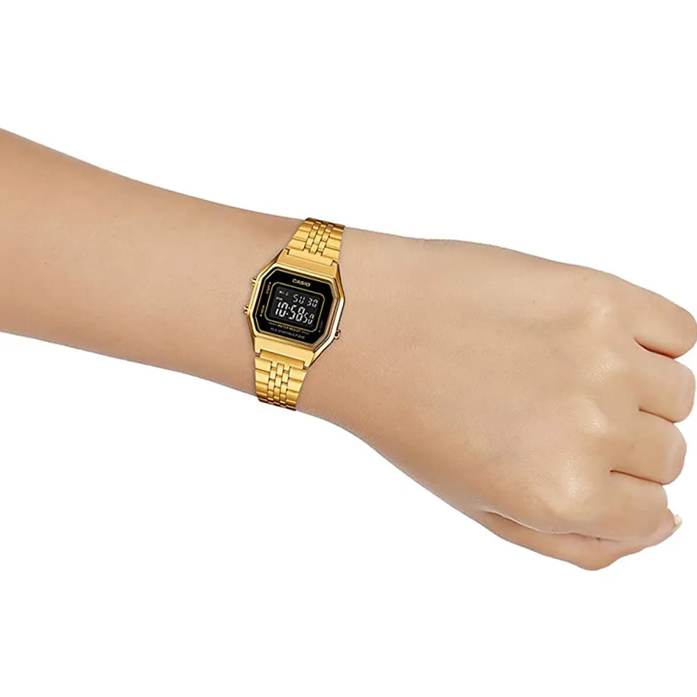 Casio Womens Mid-Size Black Dial Gold Tone Digital Retro Quartz Watch - LA680WGA-1BDF