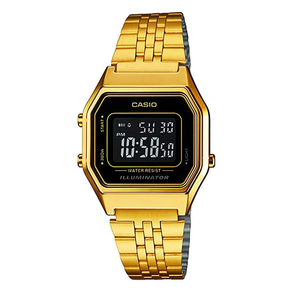Casio Womens Mid-Size Black Dial Gold Tone Digital Retro Quartz Watch - LA680WGA-1BDF