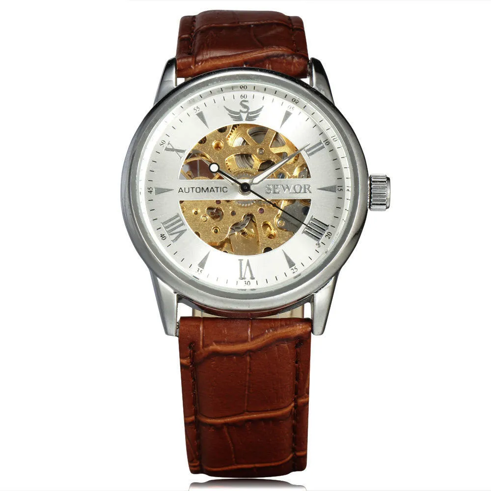 Casual Fashion Men's Watches Men Luxury Brand Skeleton Dial Leather Strap Mechanical Watch Vintage Dress Watches