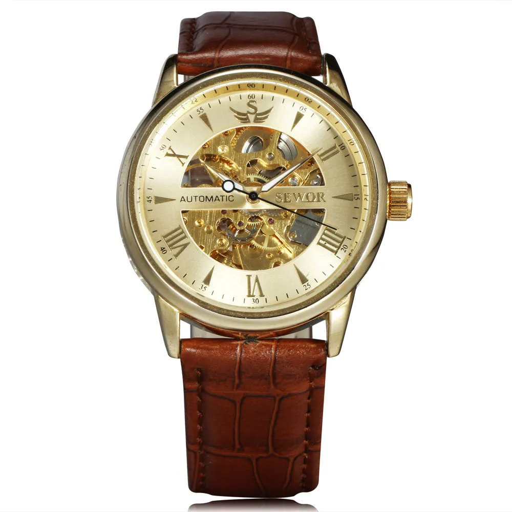 Casual Fashion Men's Watches Men Luxury Brand Skeleton Dial Leather Strap Mechanical Watch Vintage Dress Watches
