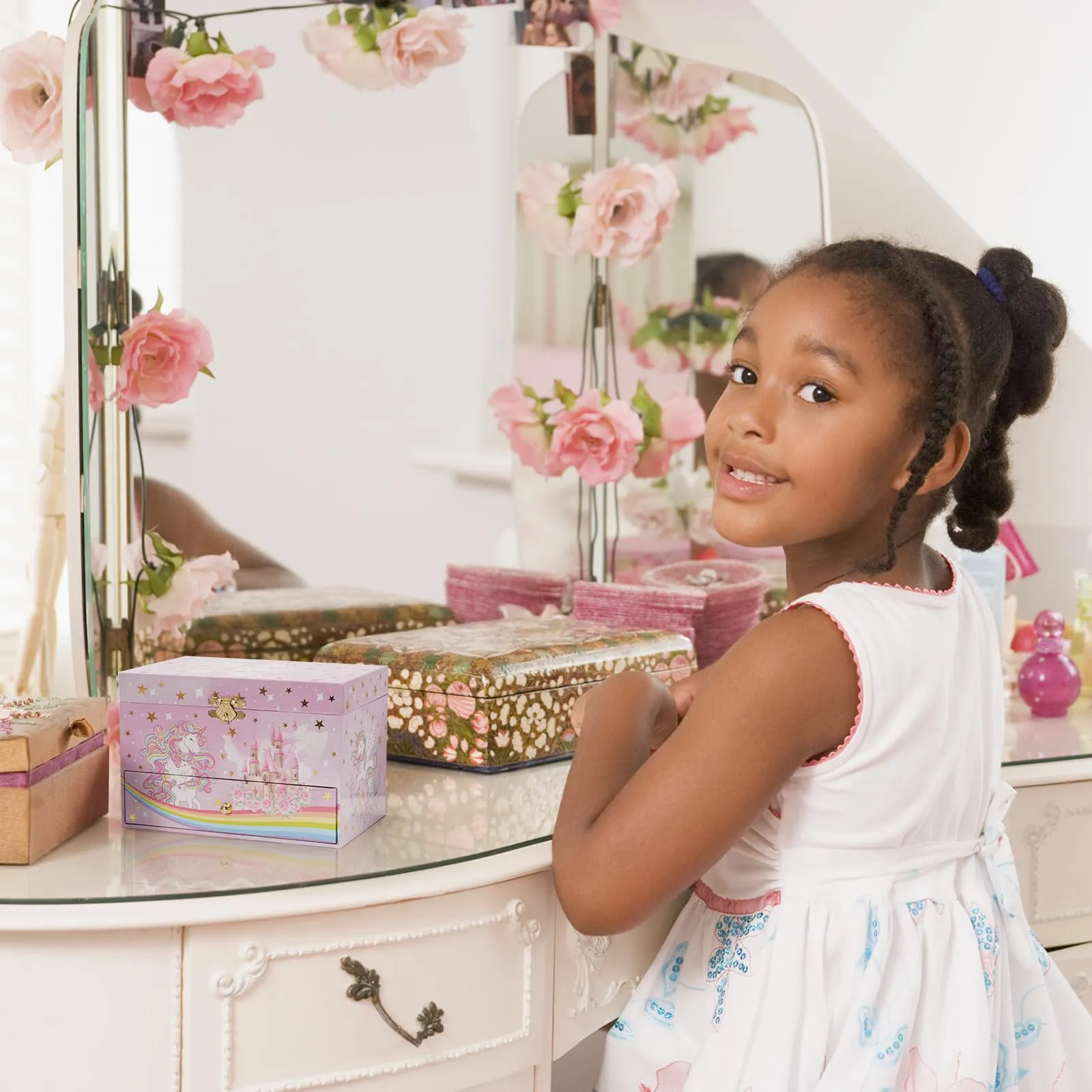 Children's music box jewelry box with music box unicorn & preserved flowers, jewelry box with melody
