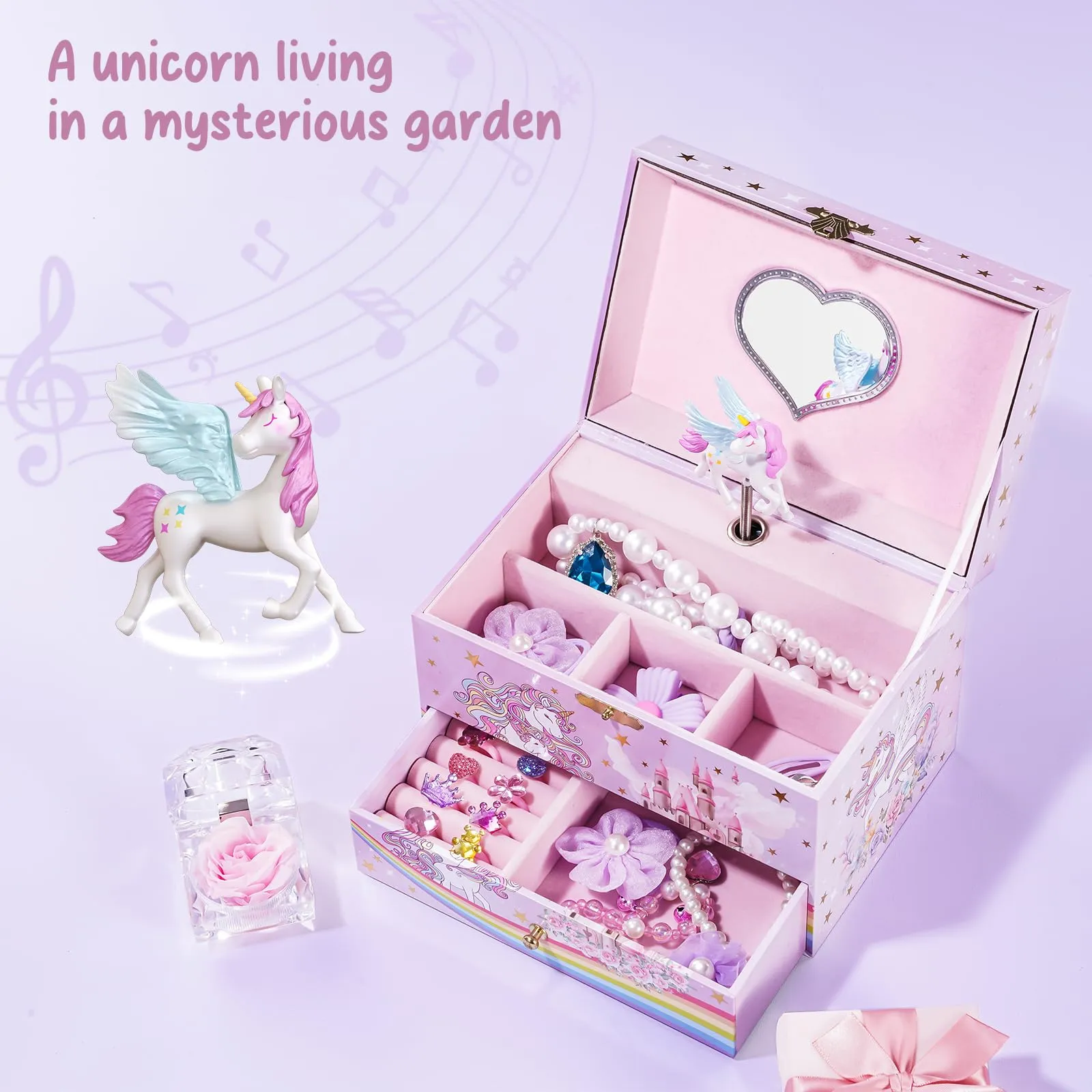 Children's music box jewelry box with music box unicorn & preserved flowers, jewelry box with melody