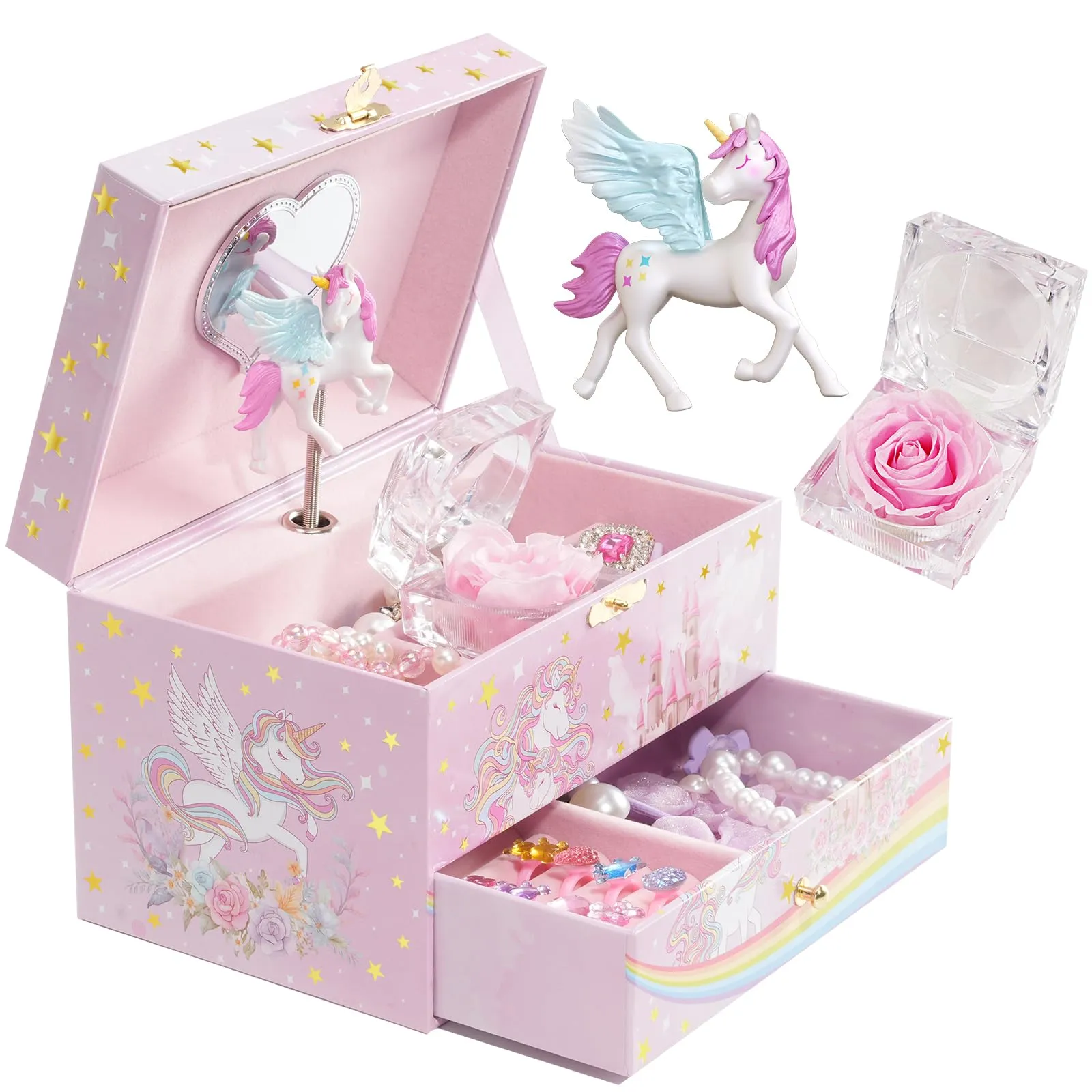 Children's music box jewelry box with music box unicorn & preserved flowers, jewelry box with melody