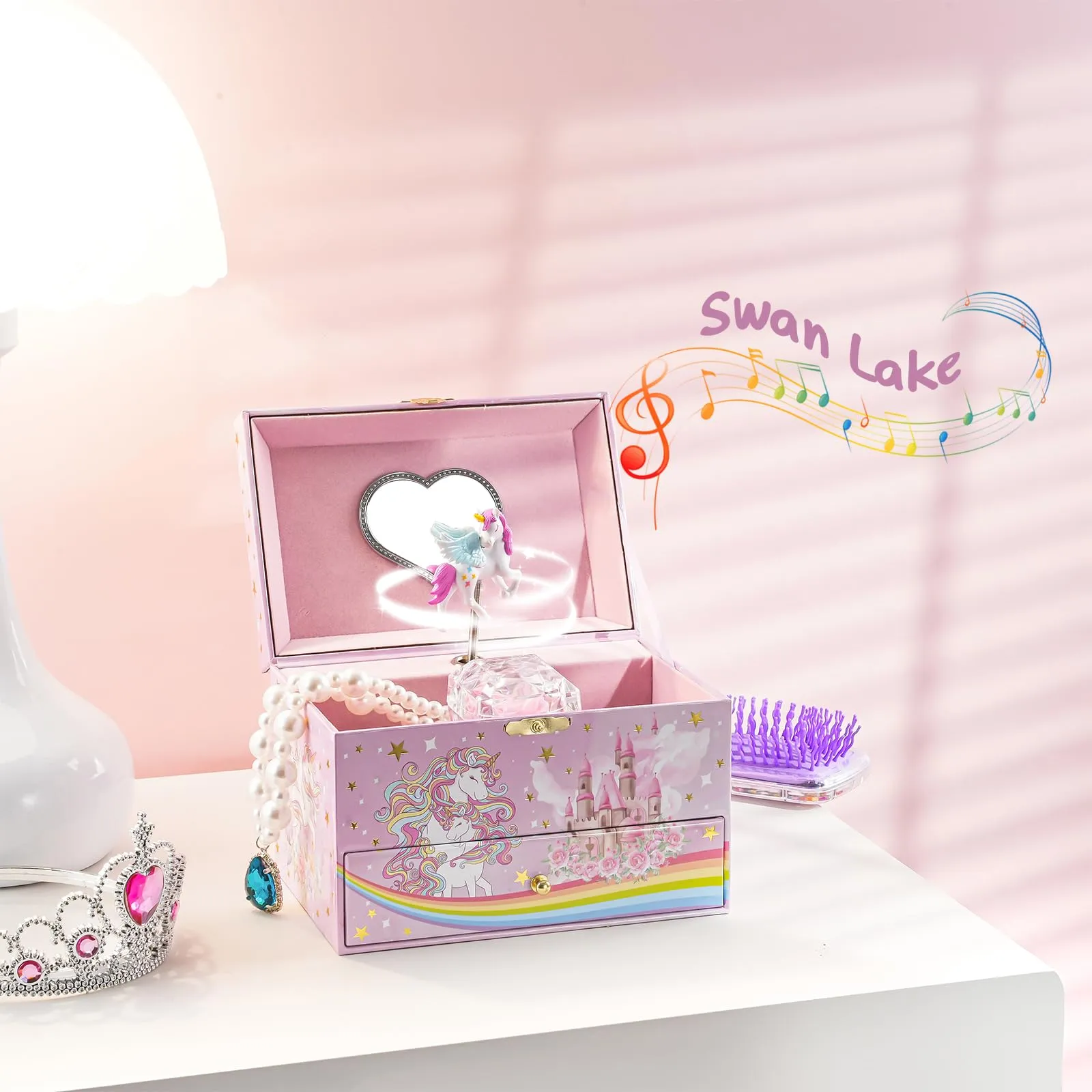 Children's music box jewelry box with music box unicorn & preserved flowers, jewelry box with melody