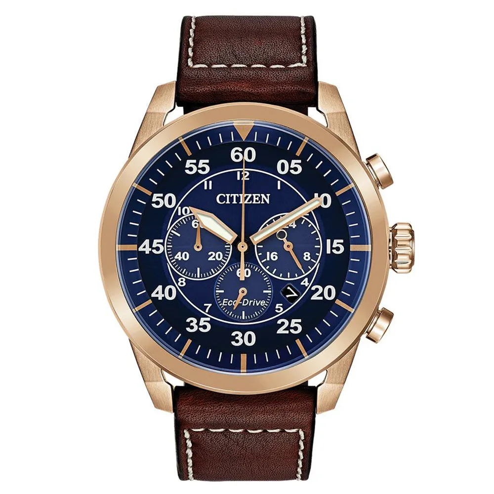 Citizen Avion Eco-Drive Mens Brown Leather Band Blue Quartz Dial Watch - CA4213-18L