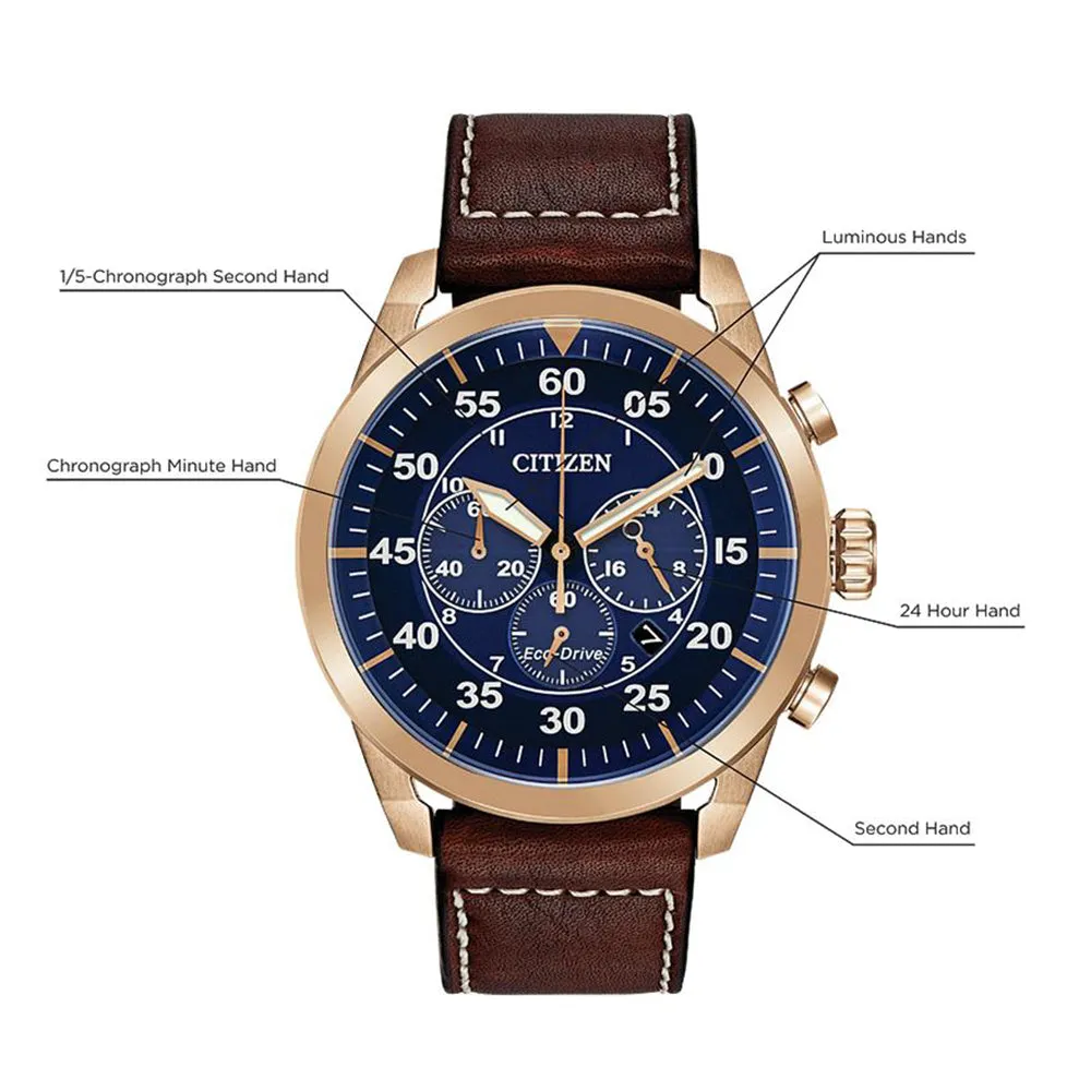 Citizen Avion Eco-Drive Mens Brown Leather Band Blue Quartz Dial Watch - CA4213-18L