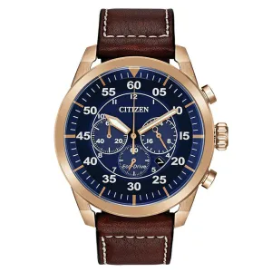 Citizen Avion Eco-Drive Mens Brown Leather Band Blue Quartz Dial Watch - CA4213-18L