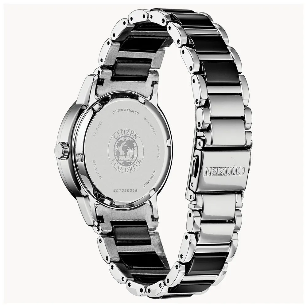 Citizen Axiom Eco-Drive Womens Silver/Black Stainless Steel Ceramic Band Silver Quartz Dial Watch - EM0741-51E