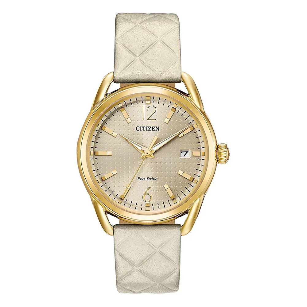 Citizen Womens 'Drive' Quartz Beige Dial Stainless Steel White Leather Band Casual Watch - FE6082-08P