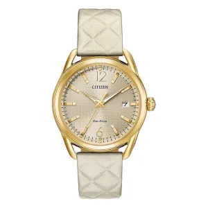 Citizen Womens 'Drive' Quartz Beige Dial Stainless Steel White Leather Band Casual Watch - FE6082-08P