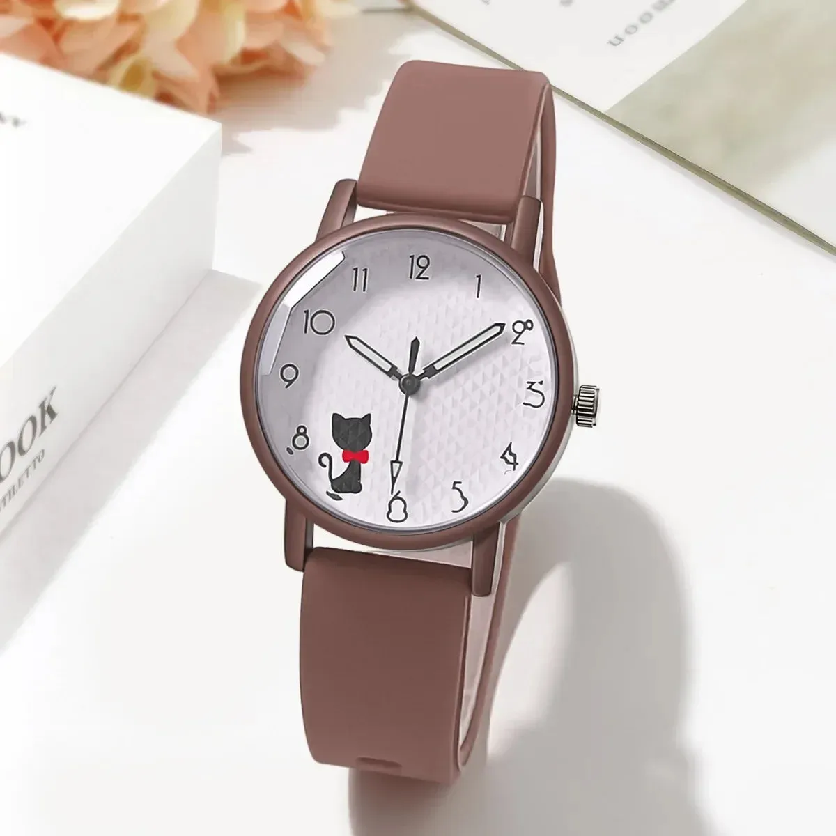 Cute Girl Quartz Watch Lovely Cat Dial Silicone Strap