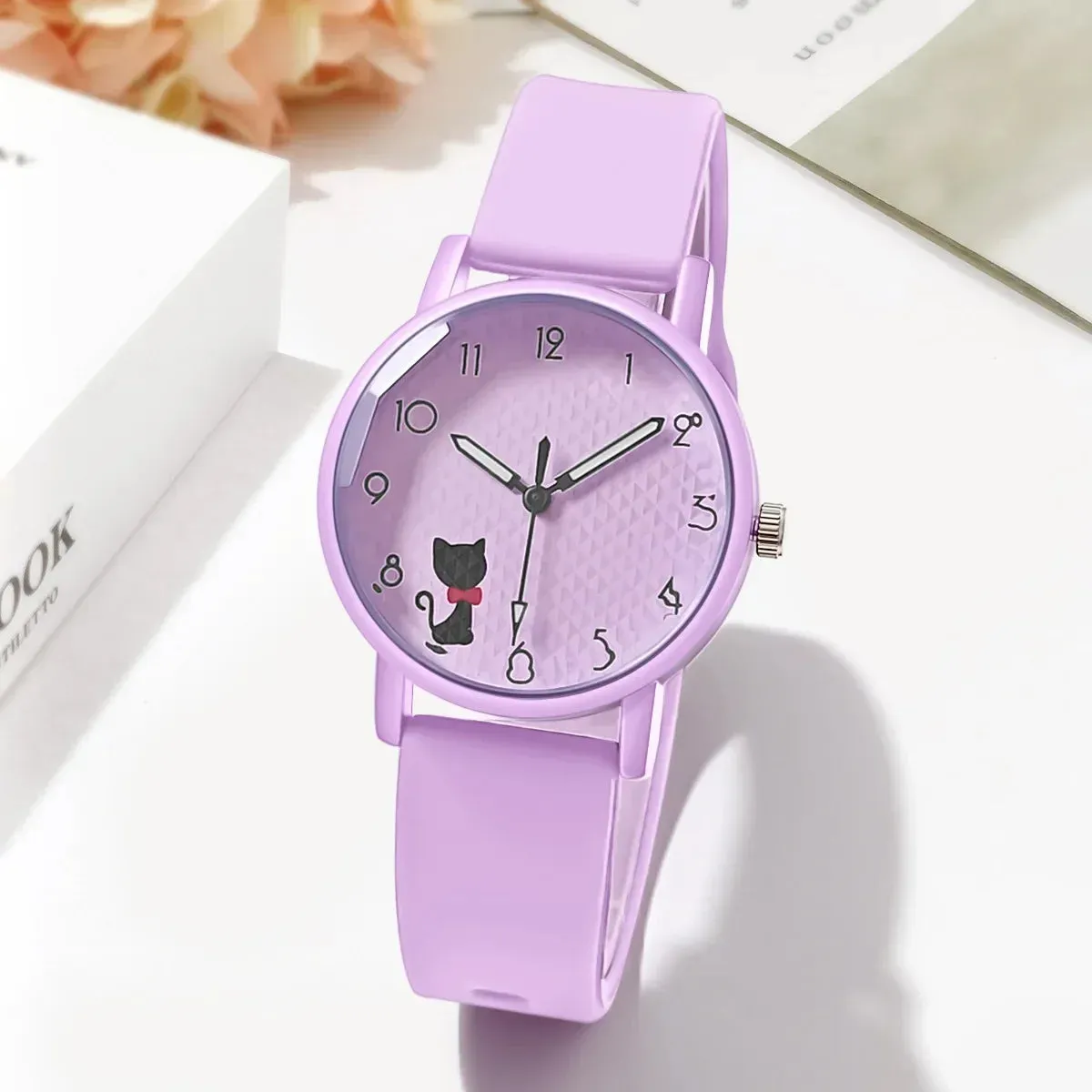 Cute Girl Quartz Watch Lovely Cat Dial Silicone Strap