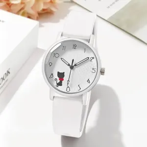 Cute Girl Quartz Watch Lovely Cat Dial Silicone Strap