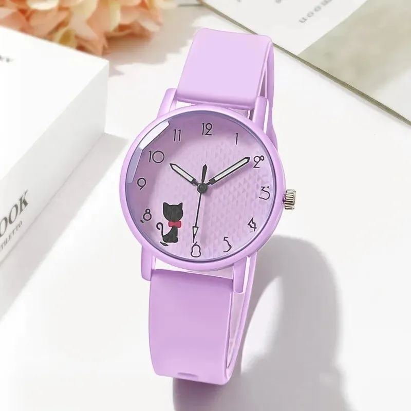 Cute Girl Quartz Watch Lovely Cat Dial Silicone Strap