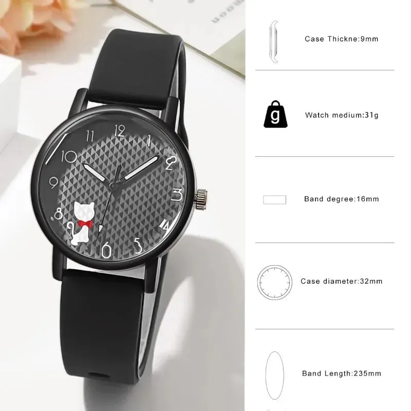 Cute Girl Quartz Watch Lovely Cat Dial Silicone Strap
