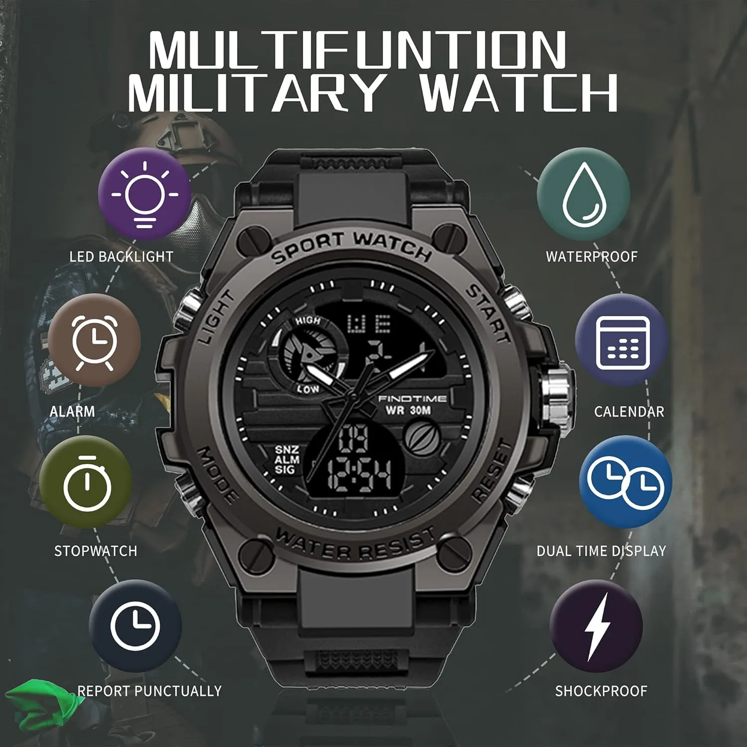 findtime Watches for Men Military Tactical Sport LED Stopwatch Black Digital Wacht for Running Workout Father Husband Relojes de Hombre