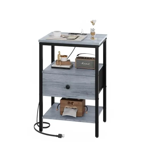 GGWEW Night Stand with Charging Station, Nightstand with Adjustable Drawer & Shelf, Small Nightstands for Bedroom, Fabric Drawer with MDF Front, 5.9ft Power Cord - Light Grey Blue