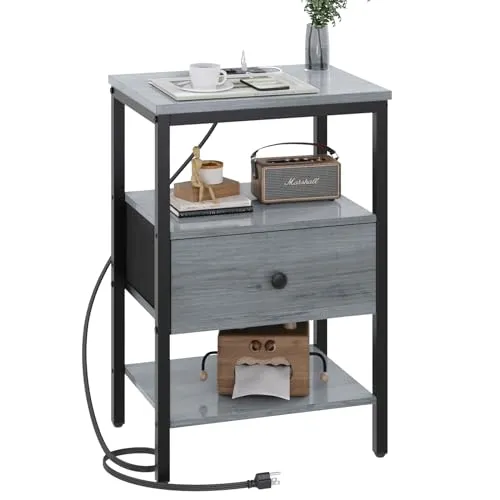 GGWEW Night Stand with Charging Station, Nightstand with Adjustable Drawer & Shelf, Small Nightstands for Bedroom, Fabric Drawer with MDF Front, 5.9ft Power Cord - Light Grey Blue