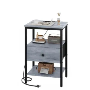 GGWEW Night Stand with Charging Station, Nightstand with Adjustable Drawer & Shelf, Small Nightstands for Bedroom, Fabric Drawer with MDF Front, 5.9ft Power Cord - Light Grey Blue