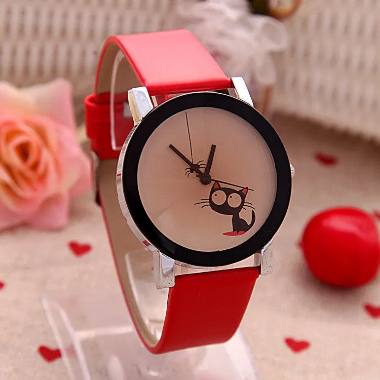 High quality Fashion Simple Women Casual Watch Little Cat Pattern wristwatch for Girl Students Quartz cartoon watch clock hours