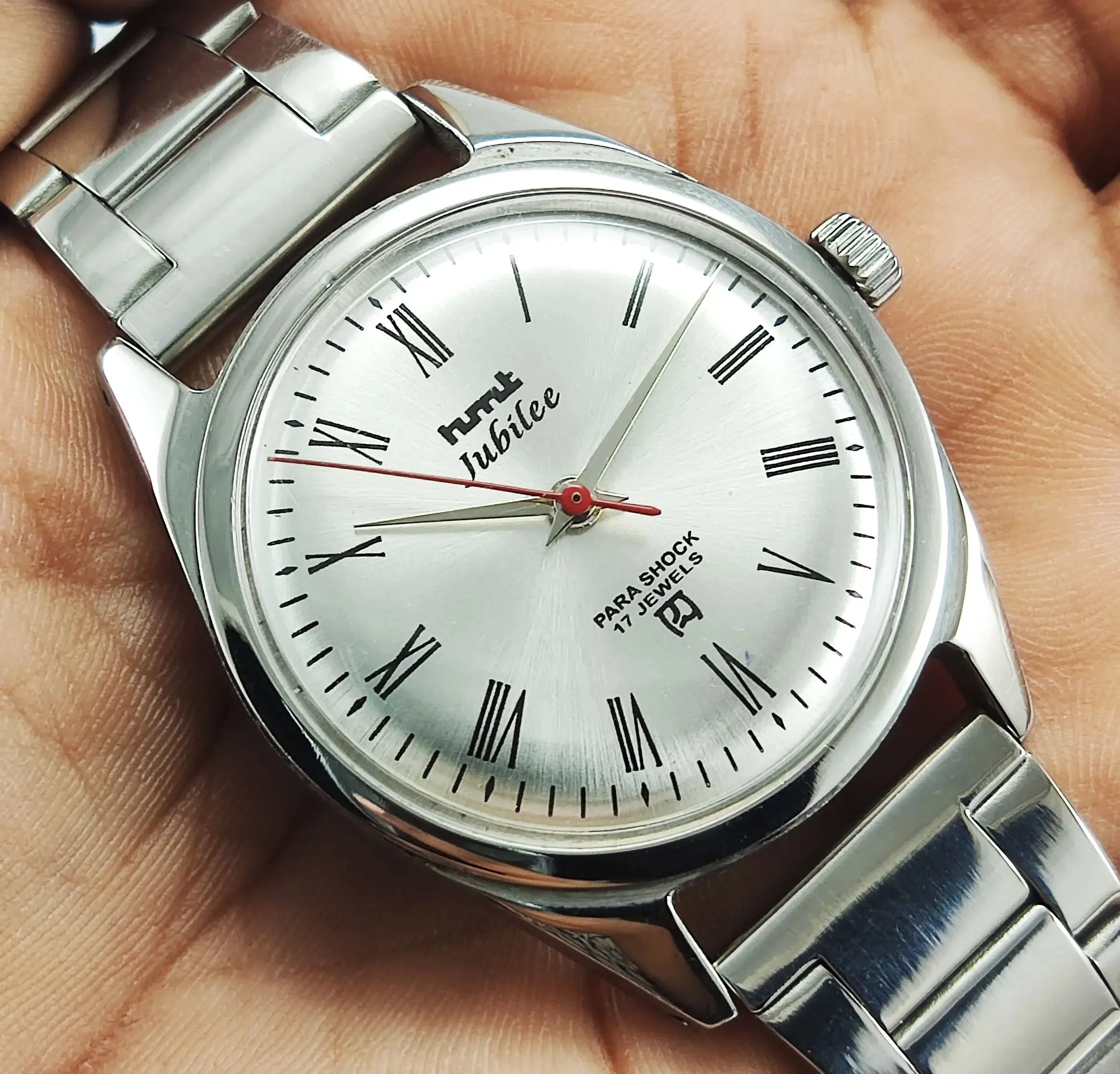 HMTJubilee Para Shock 17 Jewels Silver Dial Mechanical Hand winding Men's Wrist Watch