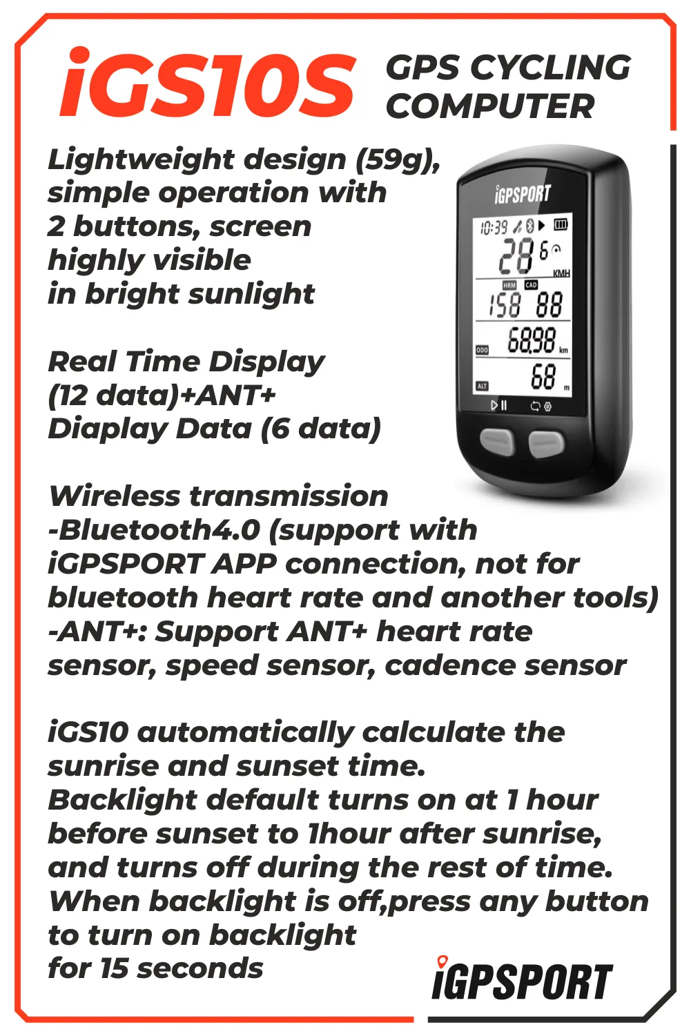 iGPSPORT iGS10S GPS Bluetooth/ANT  Cycling Computer (iGS10S)